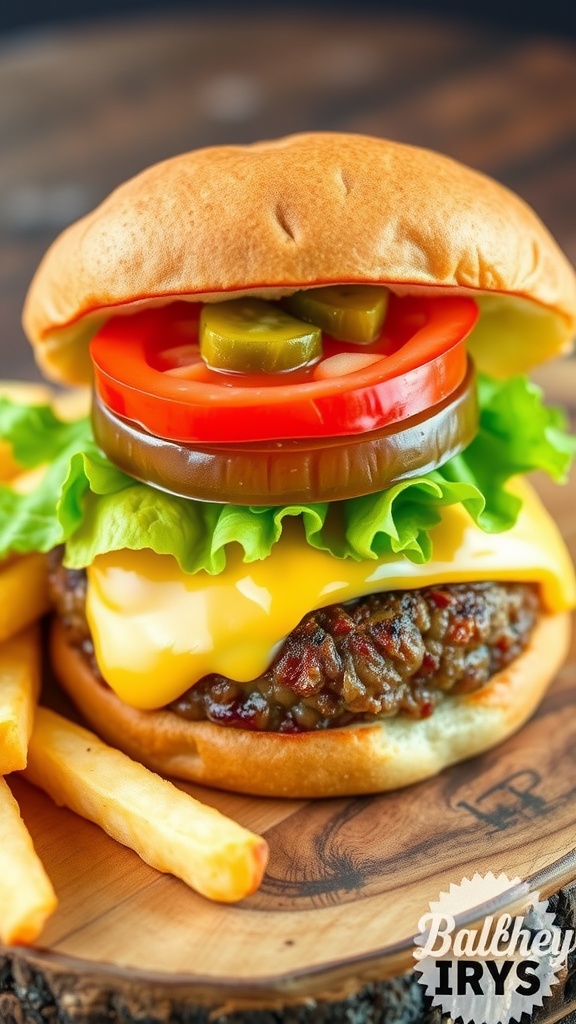 Juicy air fryer hamburger patty with melted cheese, lettuce, and tomato on a bun with fries.